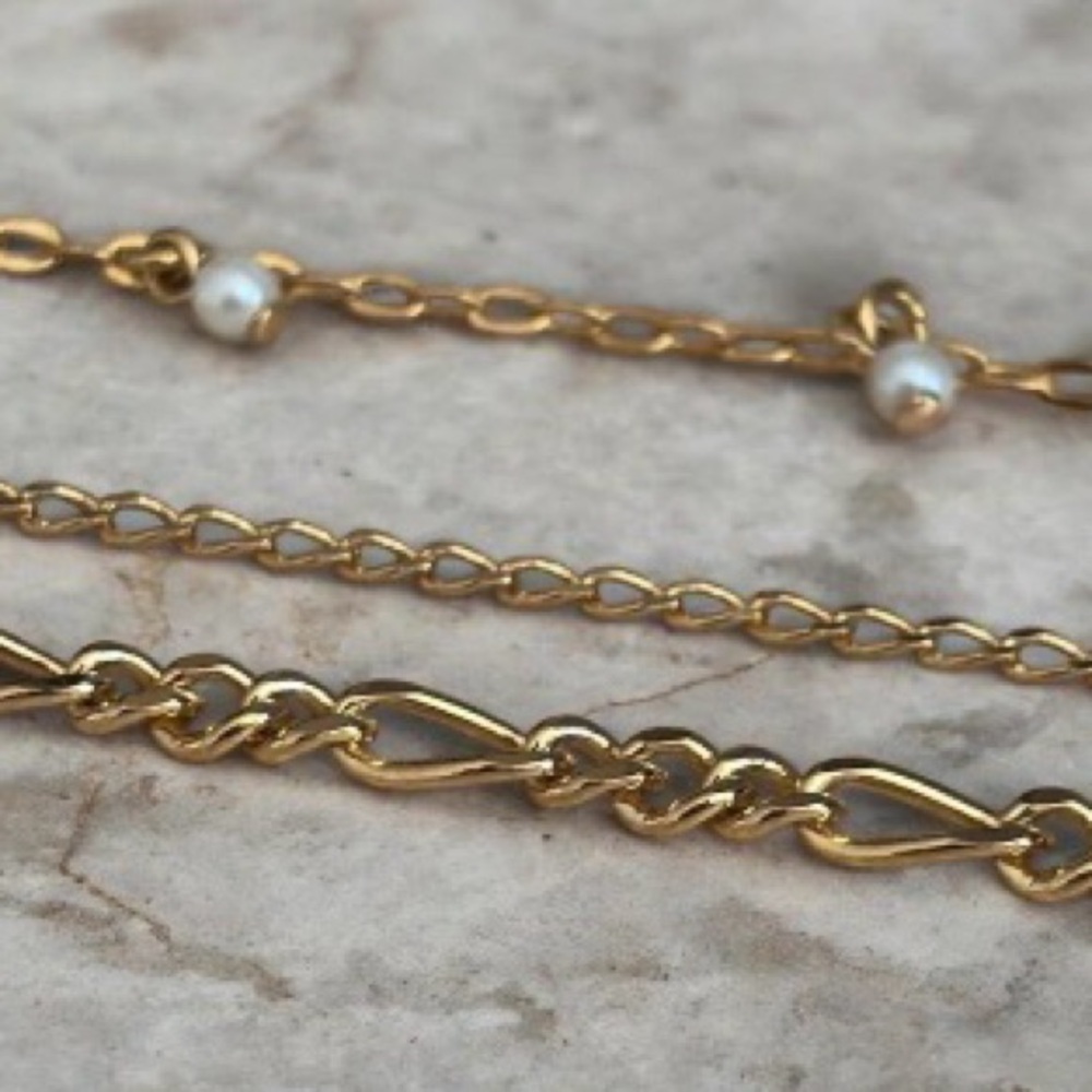 Vintage Avon 3pc Gold Anklet Set Classic Link Pearl Dangle NIB Size Large 9 inch